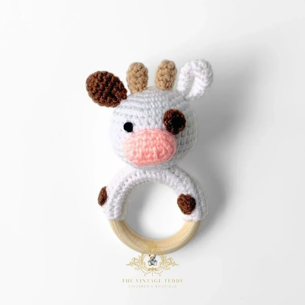NWT Cute Handmade Crochet Cow Baby Rattle Baby & Toddler Wooden Plush Toys